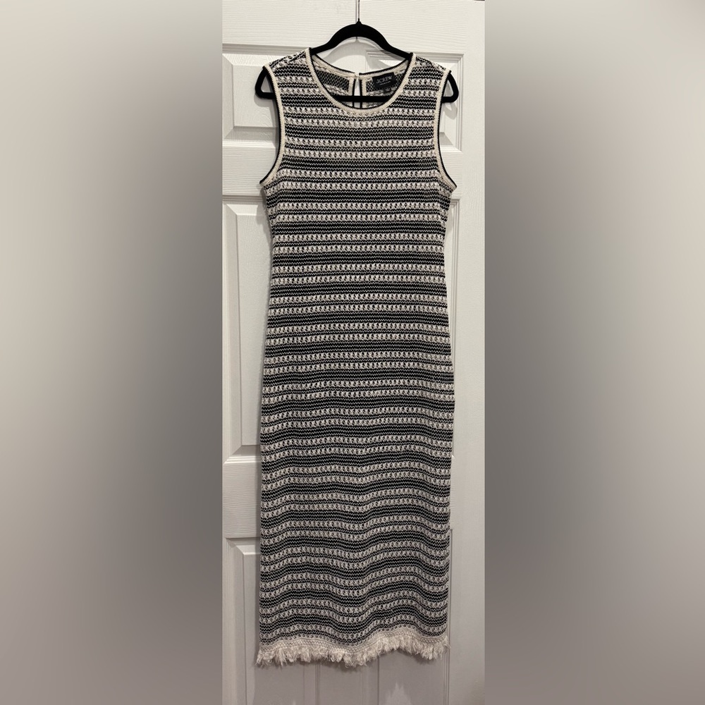 J.Crew  Collection Crochet Midi Dress. Striped Ivory Black Fringe Resort Dress.